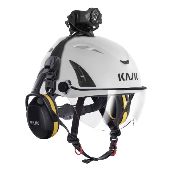 Half Face Clear / Transparent Visor On KASK High Performance Plus Helmet With Earmuffs and KL-3 Headlamp Attached