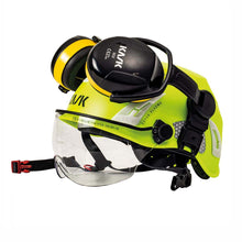 KASK HP Plus Hi Vis Yellow Helmet Showing SC-3 Earmuffs Fitted With Bayonet Adapters