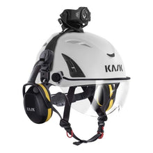 Half Face Clear / Transparent Visor On KASK High Performance Plus Helmet With Earmuffs and KL-3 Headlamp Attached 